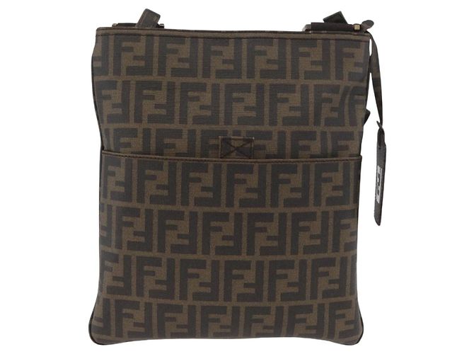 Borsa a Spalla in Tela Zucca FENDI PVC Marrone Nero Auth am11068A - vista 13