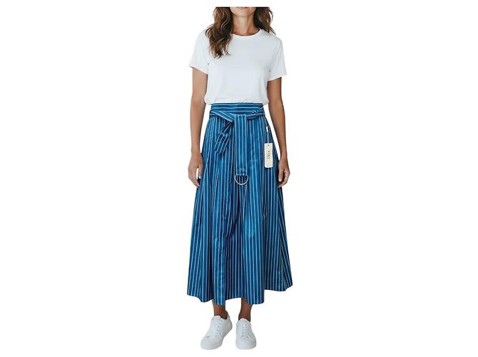 Falda midi de algodón rayada azul medio / crema con cinturón Akris Punto - vista 7