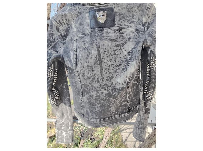 Philipp Plein Giacca di jeans con borchie e inserti in pelle sulle maniche Grigio - vista 2