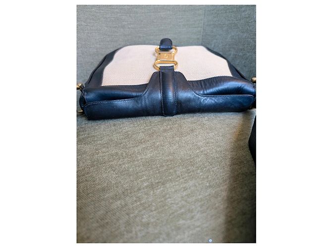 Borsa Céline in pelle blu navy e tela beige - vista 16