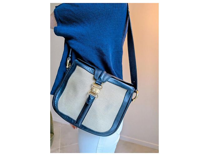 Borsa Céline in pelle blu navy e tela beige - vista 17