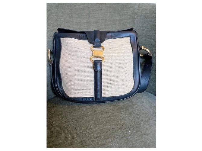 Borsa Céline in pelle blu navy e tela beige - vista 2