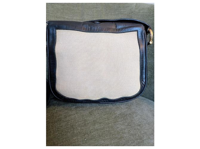 Borsa Céline in pelle blu navy e tela beige - vista 3