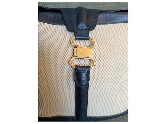 Borsa Céline in pelle blu navy e tela beige - vista 4