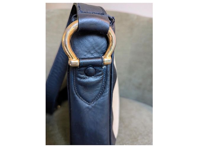 Borsa Céline in pelle blu navy e tela beige - vista 5
