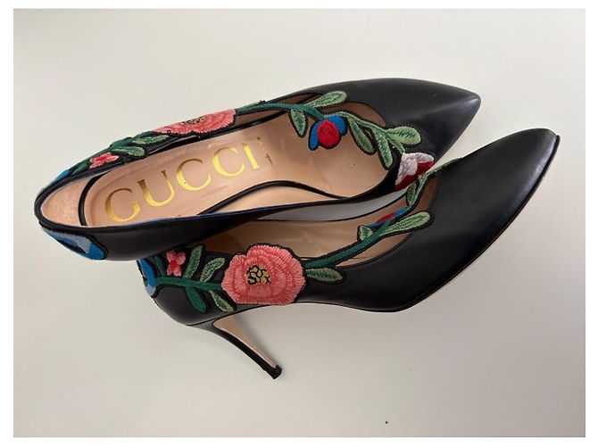 Gucci schwarze Leder bestickte High Heels Mehrfarben - Ansicht 4