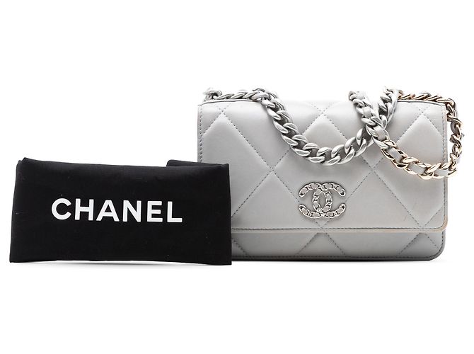 Wallet On Chain Cartera con Cadena 19 de Cuir de Cordero Gris de Chanel Castaño - vista 8