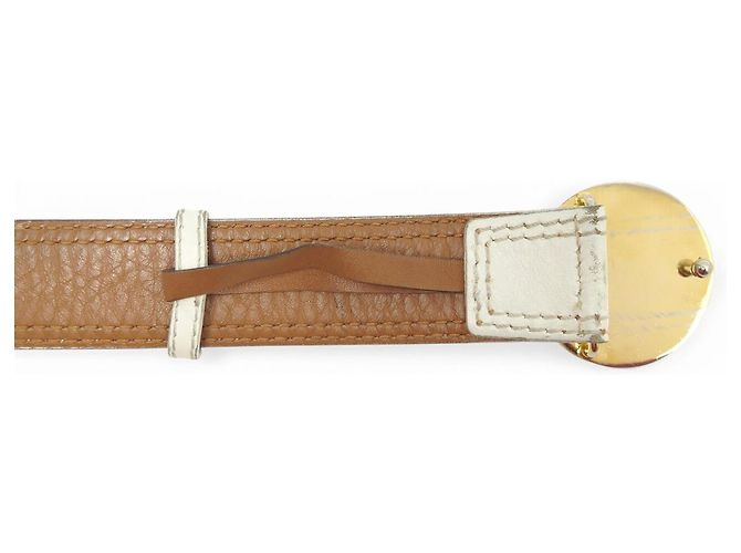 Céline VINTAGE CELINE PARIS GOLDEN BUCKLE PLANET WEISSES LEDER GÜRTEL T75 Weiß - Ansicht 7