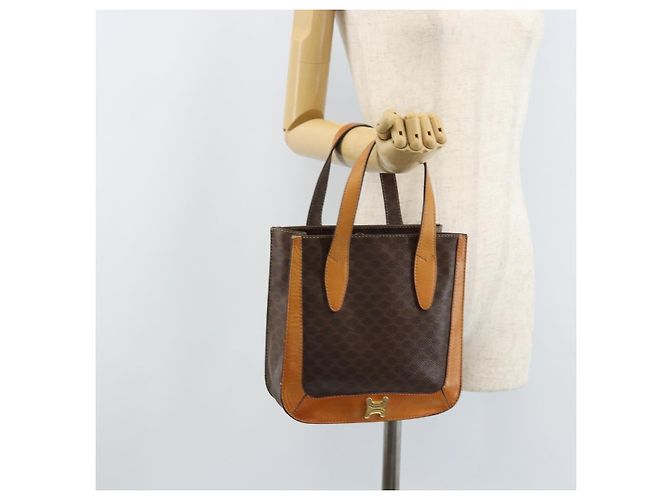 Céline Bolso de mano de lona Macadam CELINE en cuero PVC marrón dorado Auth BSZ508 Castaño - vista 23