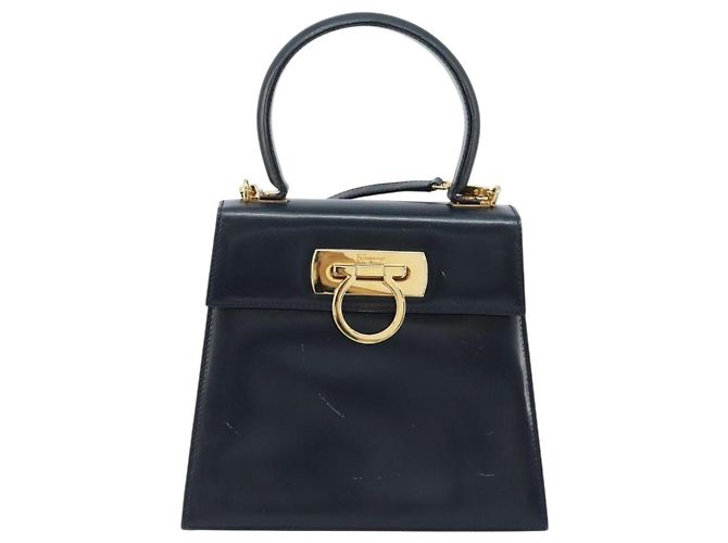 Borsa a mano in pelle Gancini Salvatore Ferragamo 2 in 1 Blu Navy Oro Auth gh1925 - vista 13