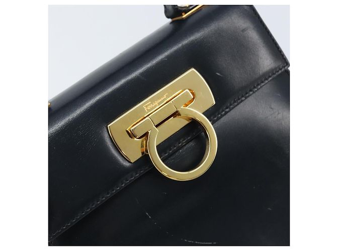 Borsa a mano in pelle Gancini Salvatore Ferragamo 2 in 1 Blu Navy Oro Auth gh1925 - vista 19