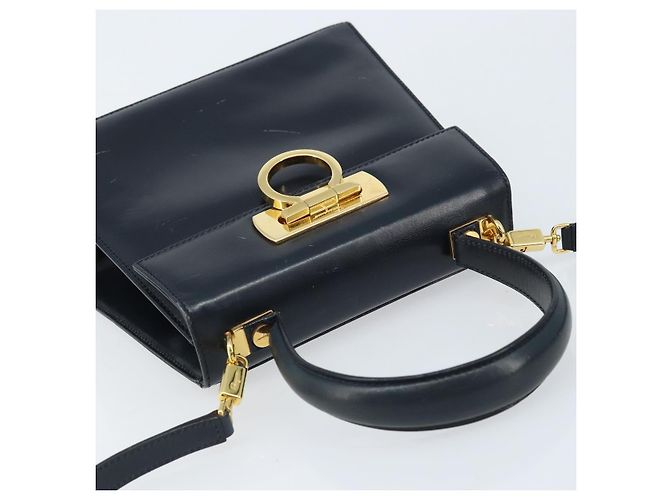 Borsa a mano in pelle Gancini Salvatore Ferragamo 2 in 1 Blu Navy Oro Auth gh1925 - vista 6