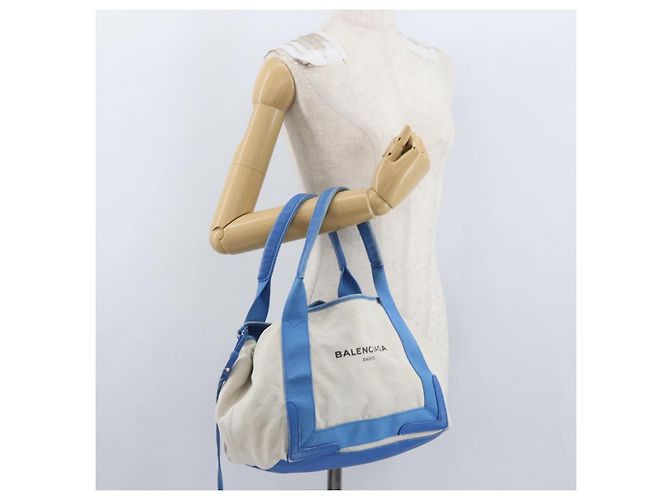 BALENCIAGA Cabas Bag Canvas Leather Light Beige Light Blue 339933 Auth 173988 Silvery - view 25