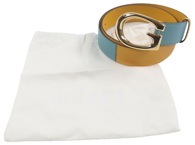 GUCCI Memorable Buckle Bicolor Leather Belt Blue Yellow - view 2
