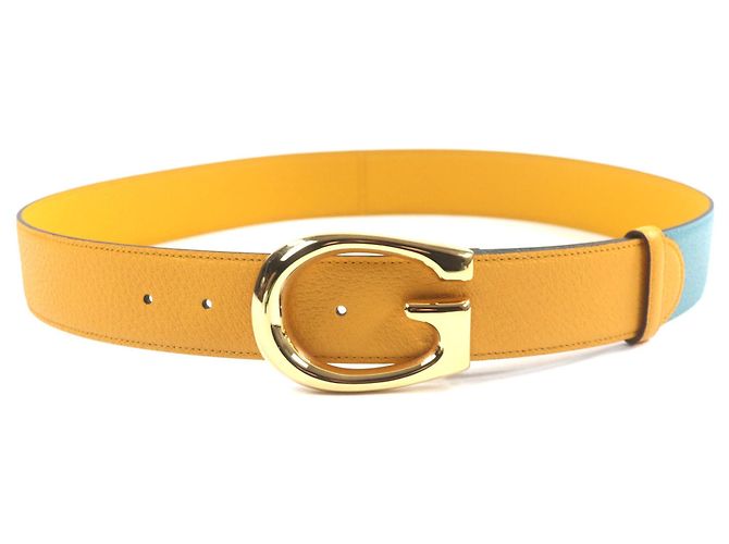 GUCCI Memorable Buckle Bicolor Leather Belt Blue Yellow - view 3