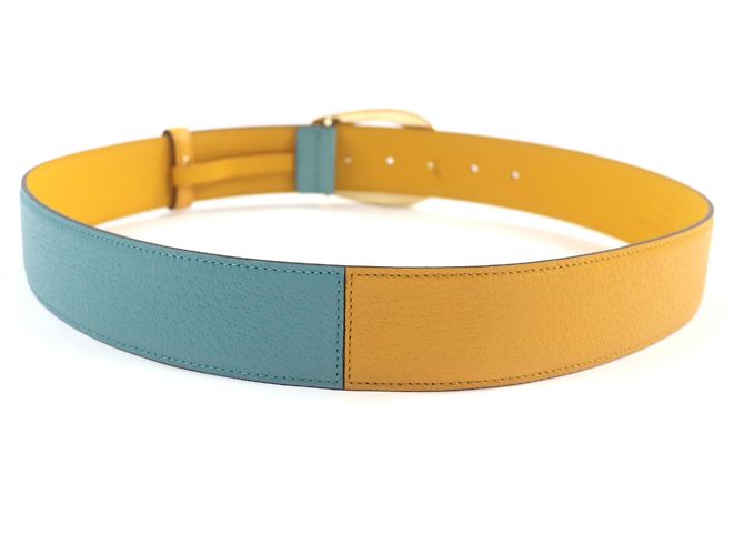 GUCCI Memorable Buckle Bicolor Leather Belt Blue Yellow - view 4