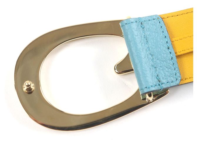 GUCCI Memorable Buckle Bicolor Leather Belt Blue Yellow - view 6