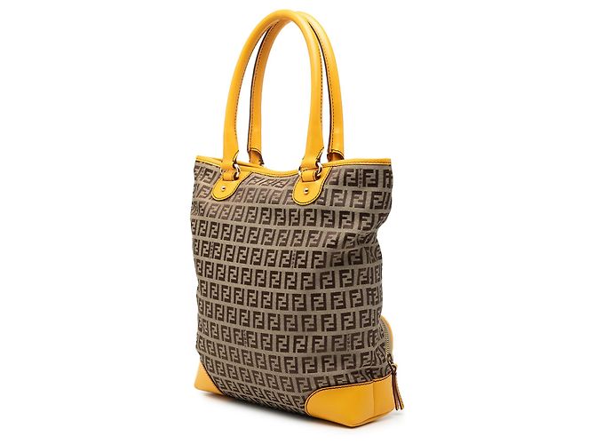 Fendi Beiger Zucchino Canvas Einkaufstasche mit Fronttasche für Köche Senf - Ansicht 2