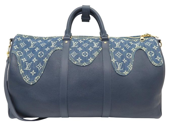 NOVO SACO DE MÃO LOUIS VUITTON KEEPALL 50 X NIGO M45975 CANVAS DENIM AZUL COURO Azul marinho - vista 2