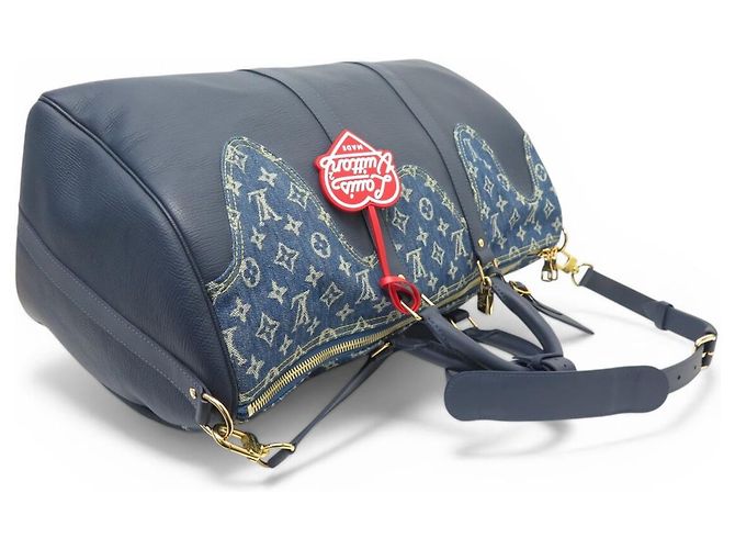 NOVO SACO DE MÃO LOUIS VUITTON KEEPALL 50 X NIGO M45975 CANVAS DENIM AZUL COURO Azul marinho - vista 4