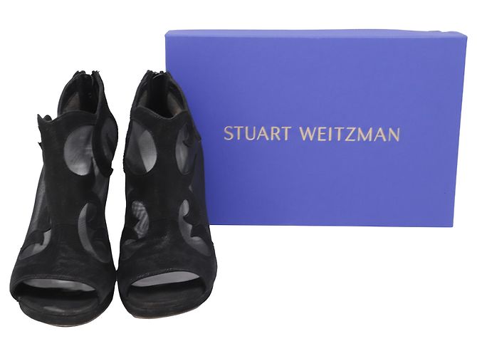 Schwarze Leder-Stiefel mit Mesh-Akzent und hohen Absätzen von Stuart Weitzman - Ansicht 6
