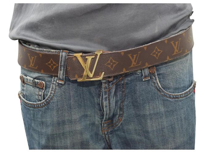 Louis Vuitton LV Initiales Gürtel aus Monogramm-Canvas / Leder mit goldener Schnalle, Größe 95/38 Braun - Ansicht 3