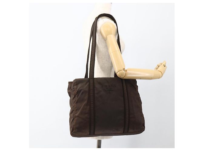 Sac Tote Prada en nylon marron argent authentique SW2170 Argenté - vue 25