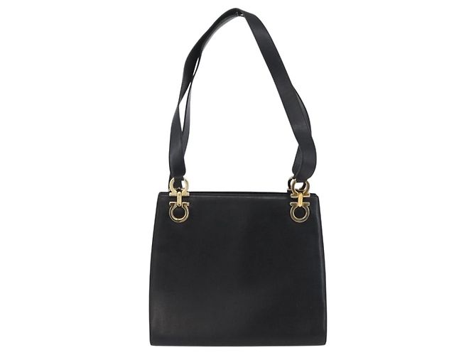 Borsa a Spalla Gancini in Pelle Nera e Oro Auth AMZ436 di Salvatore Ferragamo Nero D'oro - vista 13