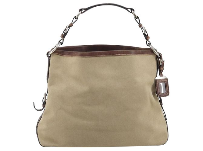 PRADA Schultertasche aus Canvas Beige Silber Authentisch YKZ082A - Ansicht 2