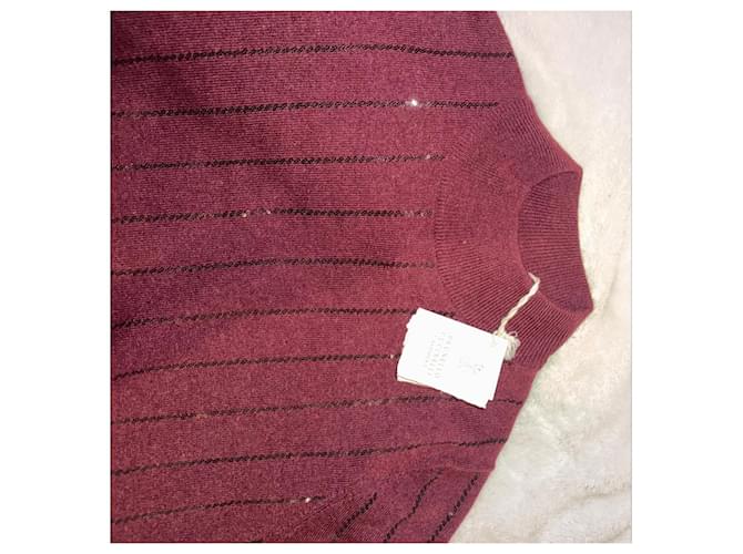 Brunello Cucinelli Bordeaux Cashmere-Pullover mit Pailletten - Ansicht 3