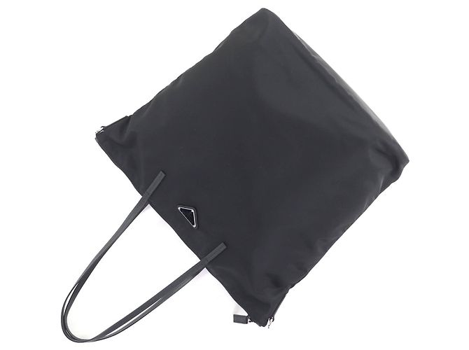Bolso tote de cuero con detalles de cuero y logo triangular Prada 1BG189 Negro - vista 6