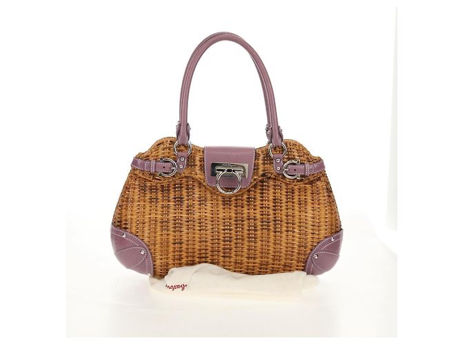 Borsa a Mano Gancini Salvatore Ferragamo Rattan Beige Argento Auth 154682V - vista 12