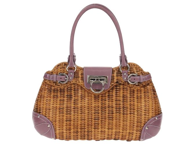 Borsa a Mano Gancini Salvatore Ferragamo Rattan Beige Argento Auth 154682V - vista 13