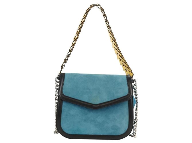 LOEWE V Anagram Borsa a Spalla con Catena Pelle Suede 2in1 Blu Argento Auth 154755V - vista 13