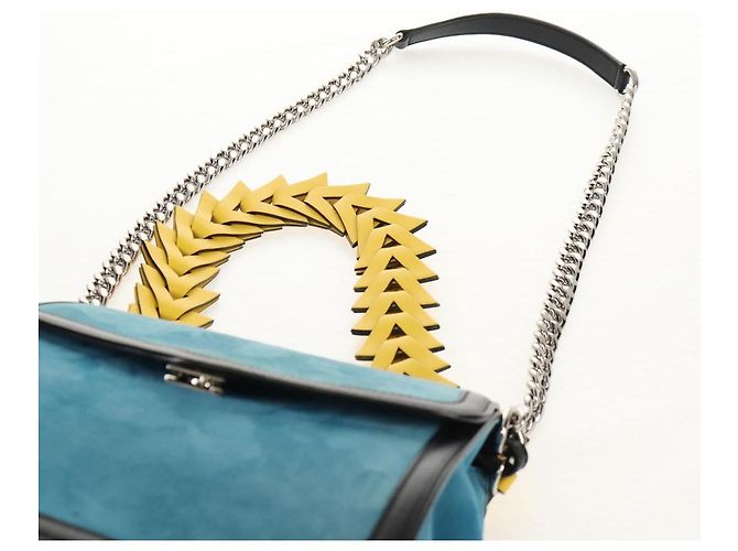 LOEWE V Anagram Borsa a Spalla con Catena Pelle Suede 2in1 Blu Argento Auth 154755V - vista 15