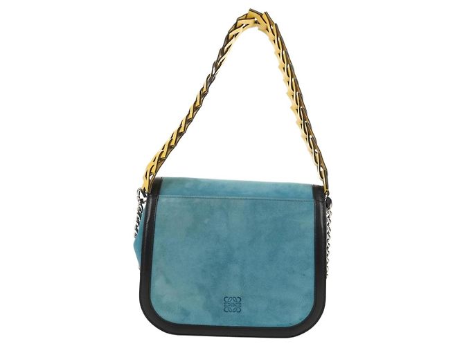 LOEWE V Anagram Borsa a Spalla con Catena Pelle Suede 2in1 Blu Argento Auth 154755V - vista 2