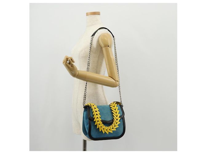 LOEWE V Anagram Borsa a Spalla con Catena Pelle Suede 2in1 Blu Argento Auth 154755V - vista 26