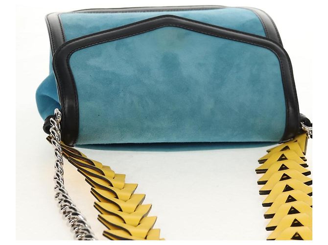 LOEWE V Anagram Borsa a Spalla con Catena Pelle Suede 2in1 Blu Argento Auth 154755V - vista 6