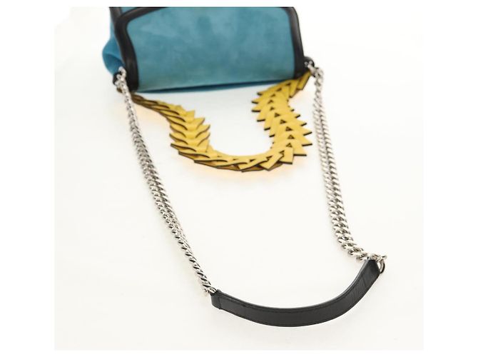 LOEWE V Anagram Borsa a Spalla con Catena Pelle Suede 2in1 Blu Argento Auth 154755V - vista 8