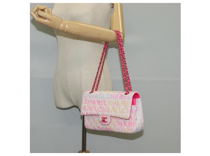 CHANEL Matelassé 25 Bolsa de Ombro com Corrente Tweed Rosa Dourado CC Auth MX484SM - vista 24