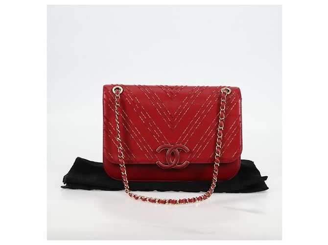 CHANEL Borsa a Spalla in Pelle di Agnello con Catena V Stitch Rossa Oro CC Auth 126605SM - vista 12