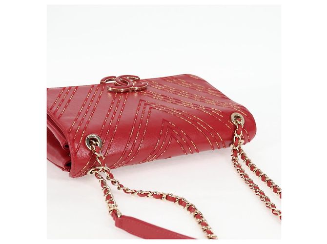 CHANEL Borsa a Spalla in Pelle di Agnello con Catena V Stitch Rossa Oro CC Auth 126605SM - vista 6