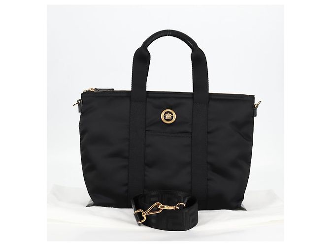 Bolsa de mão VERSACE em nylon 2 vias preta e dourada Auth 118725V Preto Dourado - vista 12
