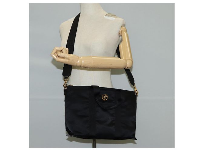 Bolsa de mão VERSACE em nylon 2 vias preta e dourada Auth 118725V Preto Dourado - vista 24