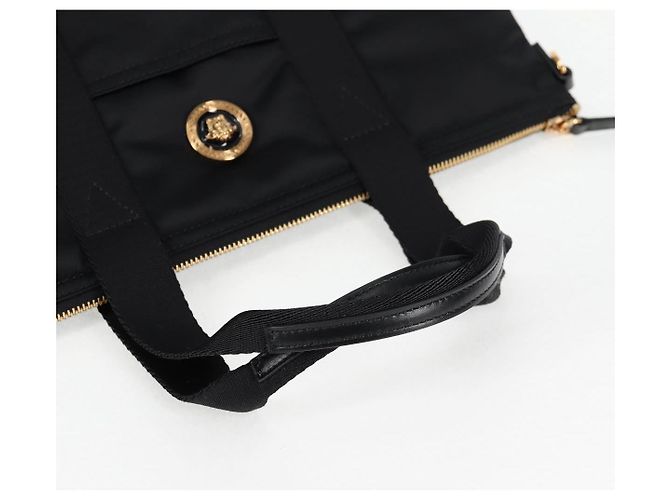Bolsa de mão VERSACE em nylon 2 vias preta e dourada Auth 118725V Preto Dourado - vista 7