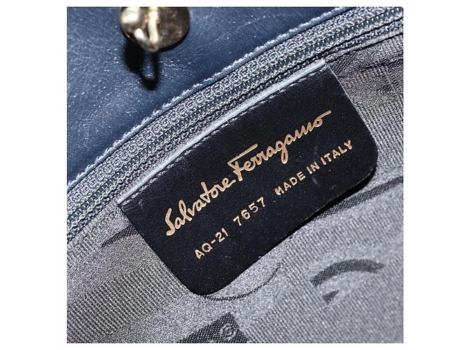 Borsa a Spalla Gancini in Pelle Salvatore Ferragamo Blu Navy Oro Auth gh1923 - vista 12