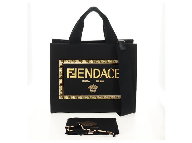 Bolso tote de lona FENDI VERSACE Collaboration 2way Negro Dorado Auth BA6912M - vista 12