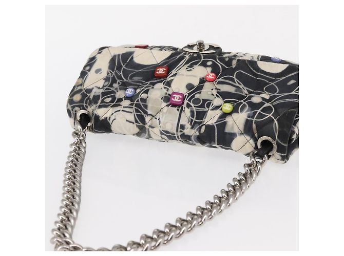 CHANEL Matelassé 25 Borsa a Spalla con Catena Satin Nero Argento CC Auth 152608V - vista 7