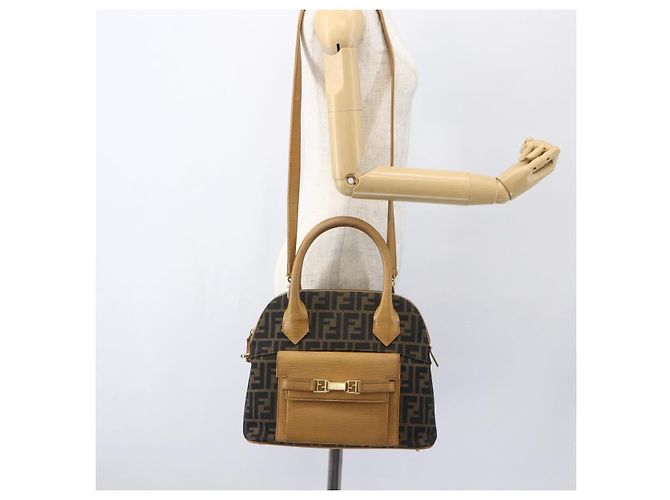 Borsa a mano in tela Zucca FENDI 2 in 1 Nero Marrone Auth 159305A - vista 25