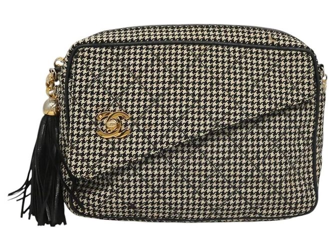 CHANEL Borsa a Spalla Matelassé con Catena Tela Bianca Nera CC Auth 120186V Nero Bianco - vista 13